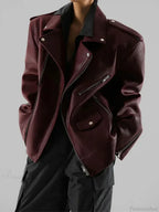 Burgundy Zipper Stand Collar Leather Coat image 4