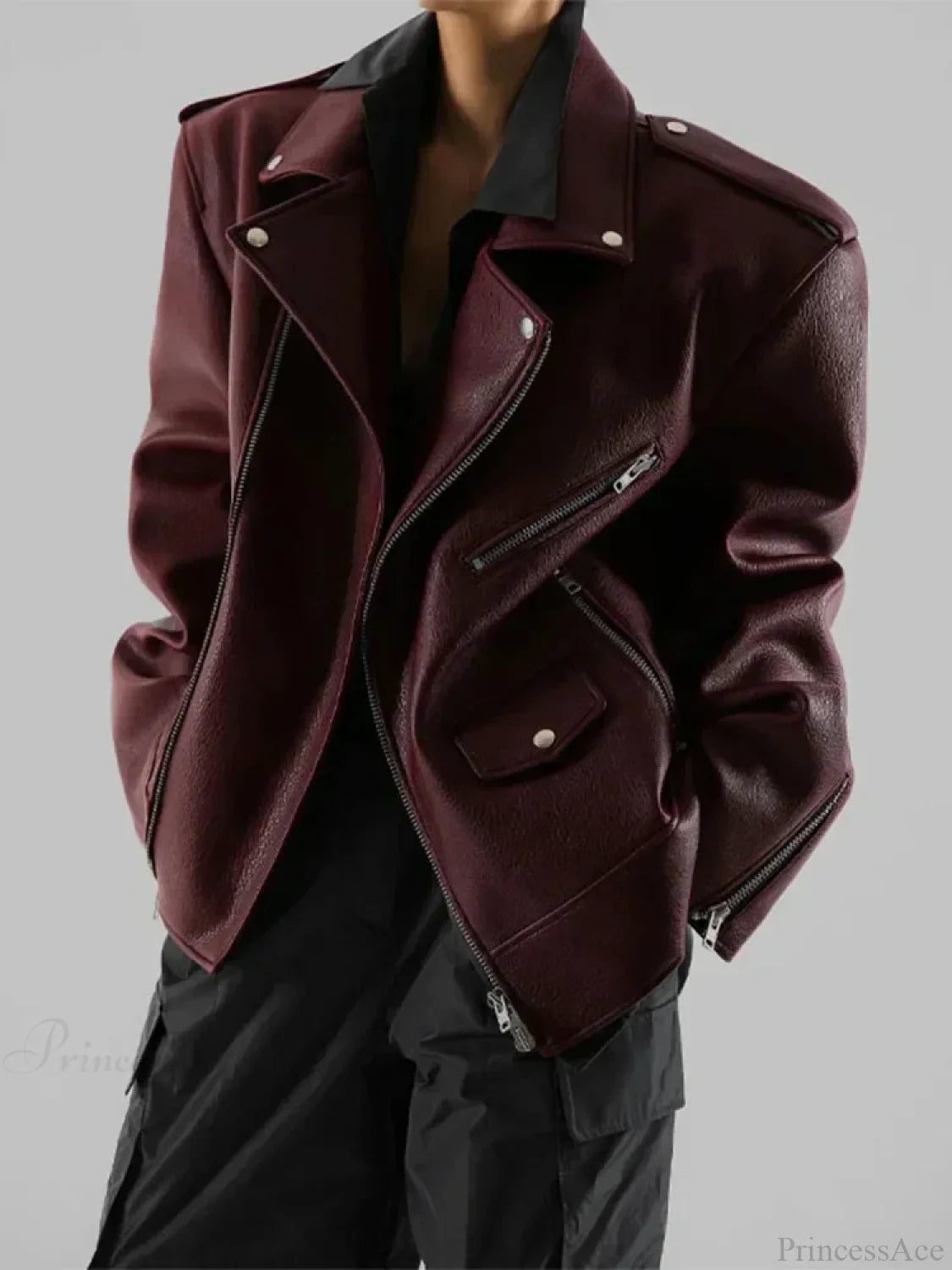 Burgundy Zipper Stand Collar Leather Coat image 4