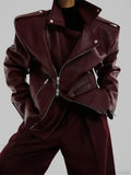 Burgundy Zipper Stand Collar Leather Coat image 7