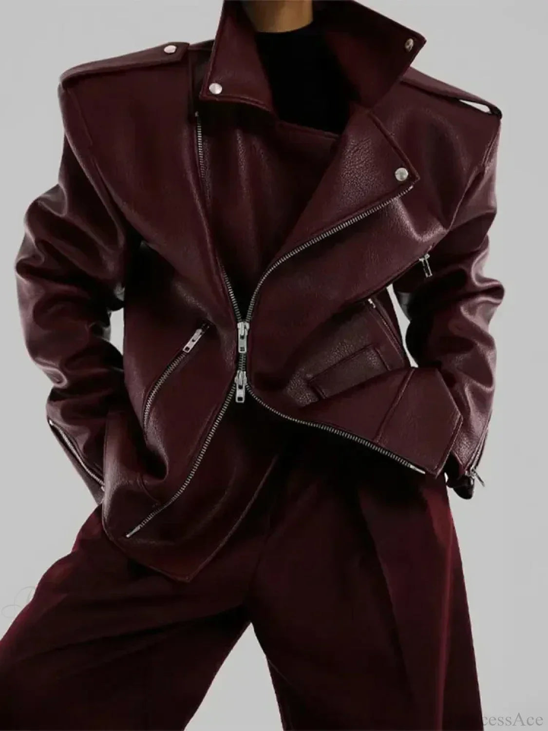 Burgundy Zipper Stand Collar Leather Coat image 7
