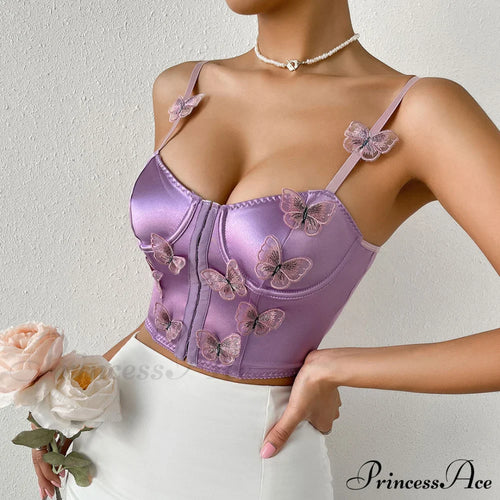 Butterfly Applique Hook and Eye Classic Silky Satin Corset Top - Champagne image 2