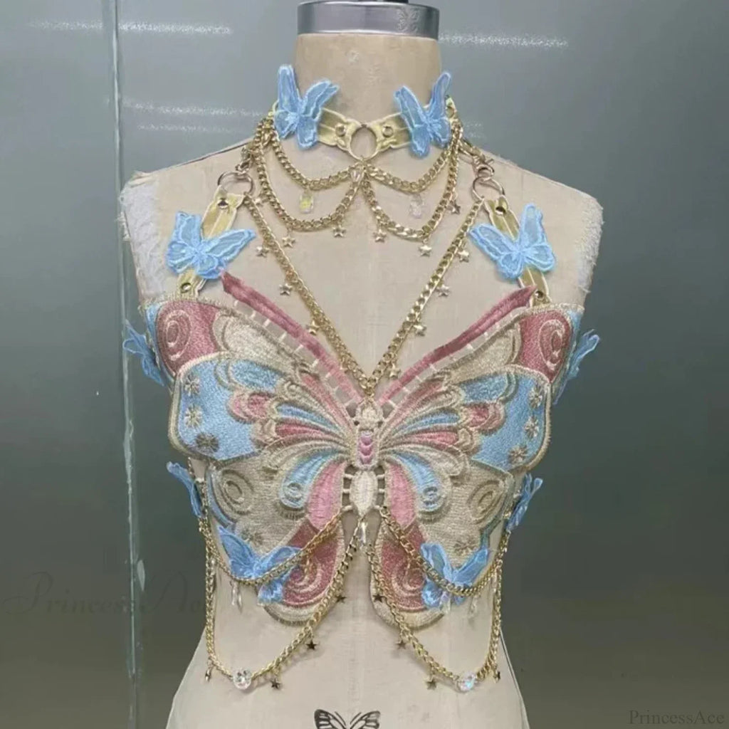 Butterfly Embroidered Crystal Chain Backless Crop Top image 5