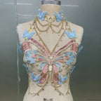 Butterfly Embroidered Crystal Chain Backless Crop Top image 5