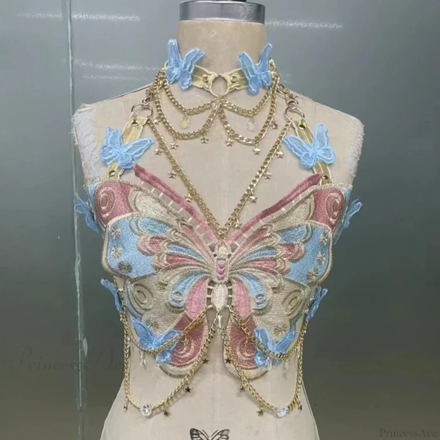 Butterfly Embroidered Crystal Chain Backless Crop Top image 5