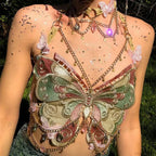 Butterfly Embroidered Crystal Chain Backless Crop Top image 2