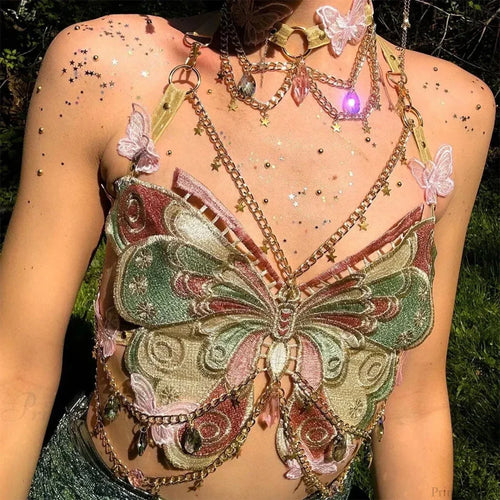 Butterfly Embroidered Crystal Chain Backless Crop Top image 2