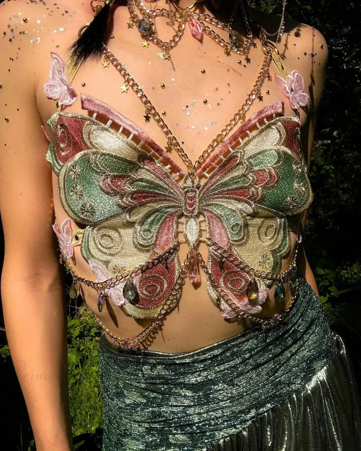 Butterfly Embroidered Crystal Chain Backless Crop Top image 3