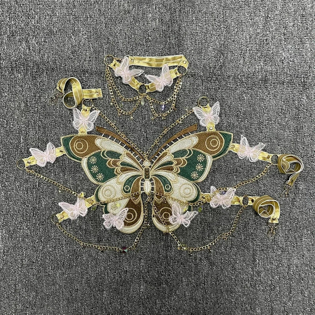 Butterfly Embroidered Crystal Chain Backless Crop Top image 8