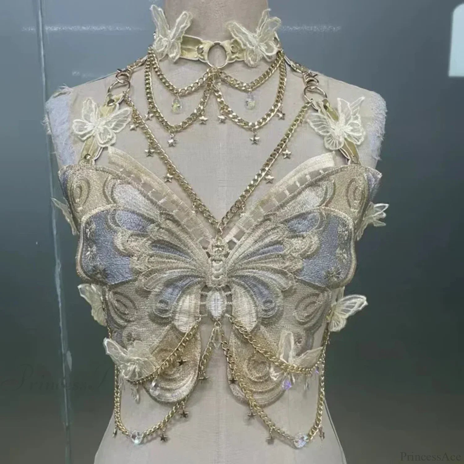 Butterfly Embroidered Crystal Chain Backless Crop Top image 7