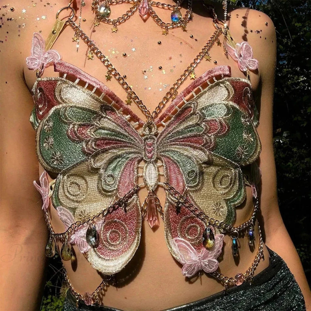 Butterfly Embroidered Crystal Chain Backless Crop Top image 1