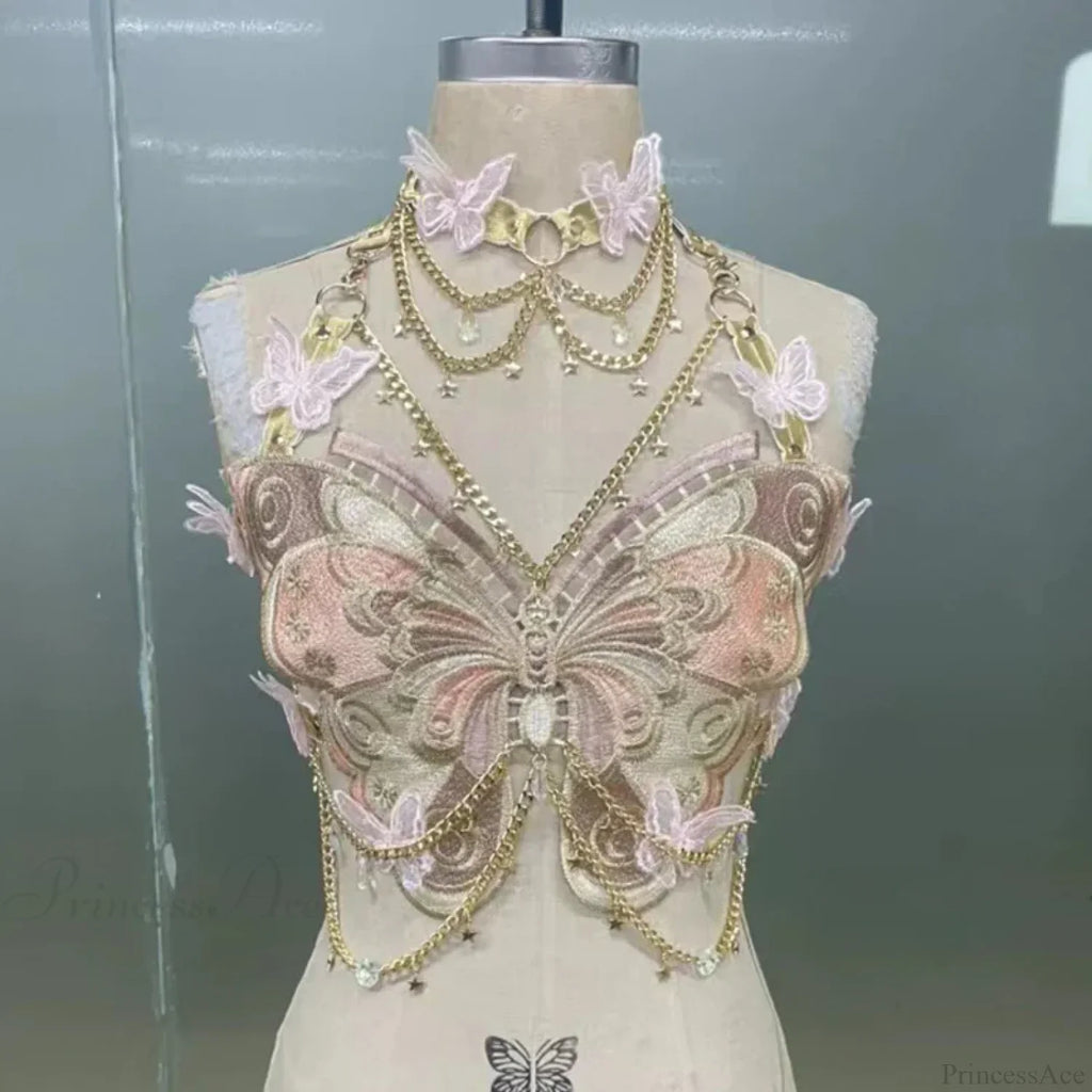 Butterfly Embroidered Crystal Chain Backless Crop Top image 9