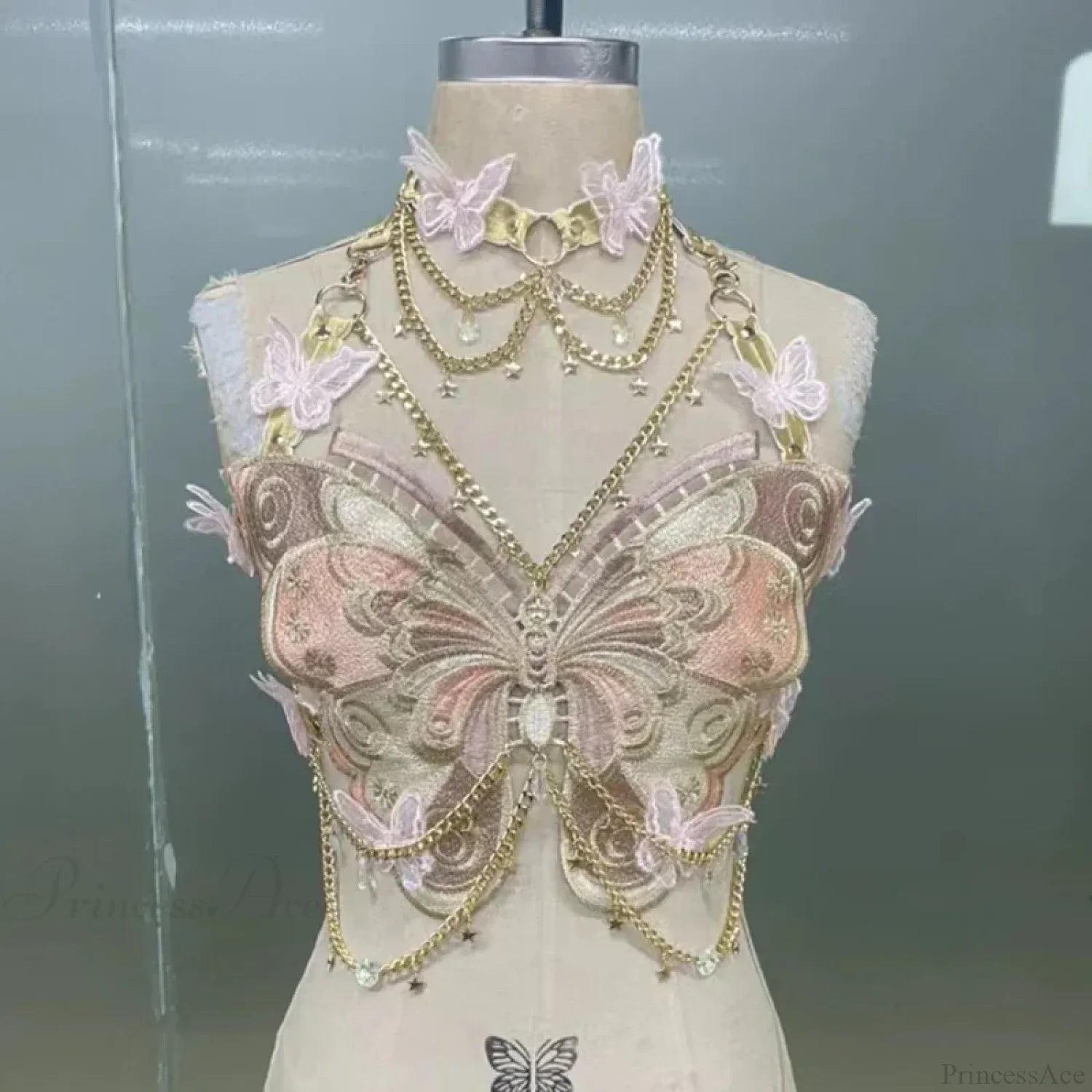 Butterfly Embroidered Crystal Chain Backless Crop Top image 9