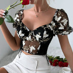 Butterfly Embroidered Mesh Puff Sleeve Lace-up Corset Top image 9