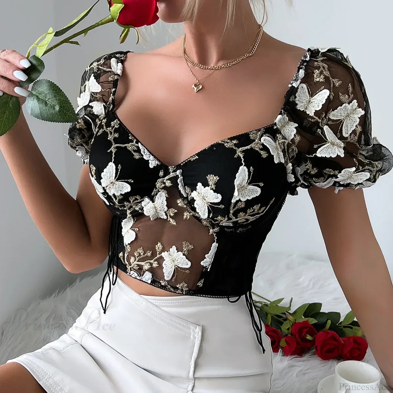 Butterfly Embroidered Mesh Puff Sleeve Lace-up Corset Top image 9