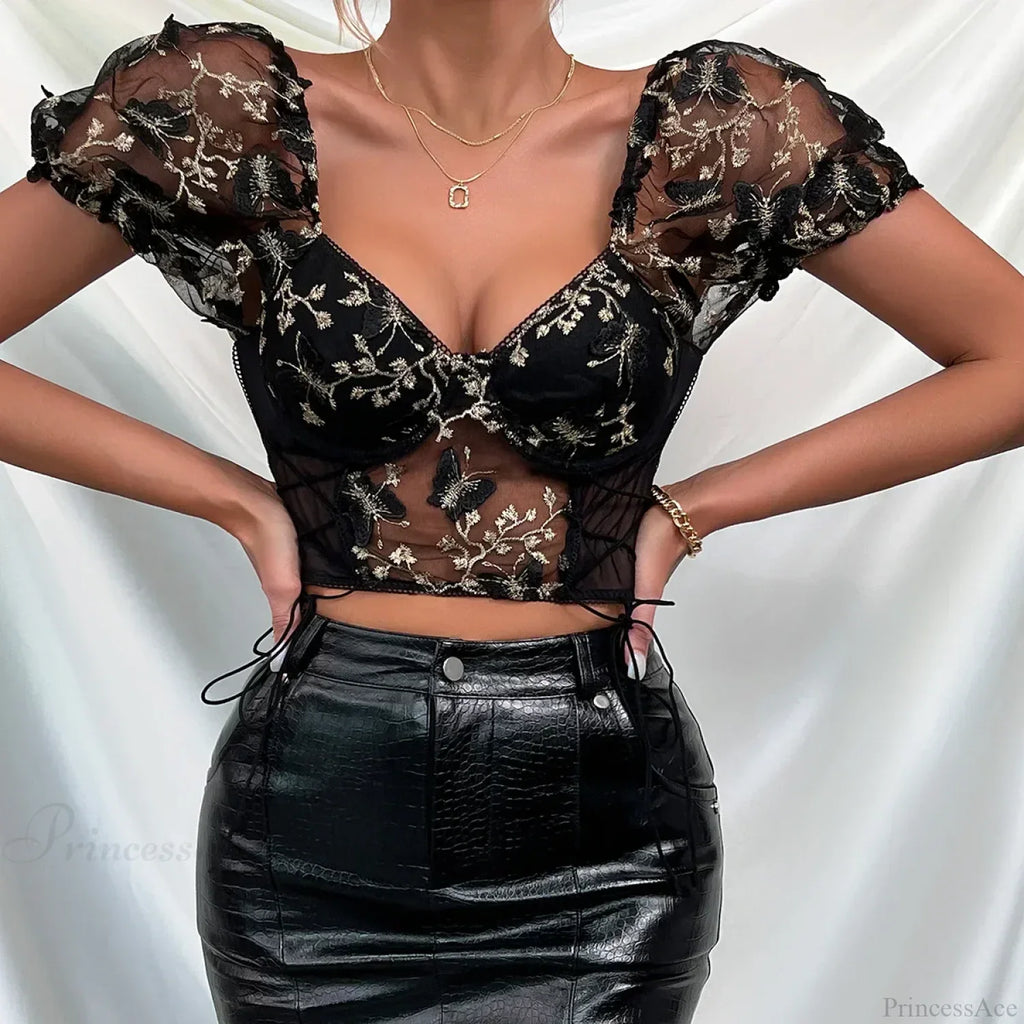 Butterfly Embroidered Mesh Puff Sleeve Lace-up Corset Top image 15