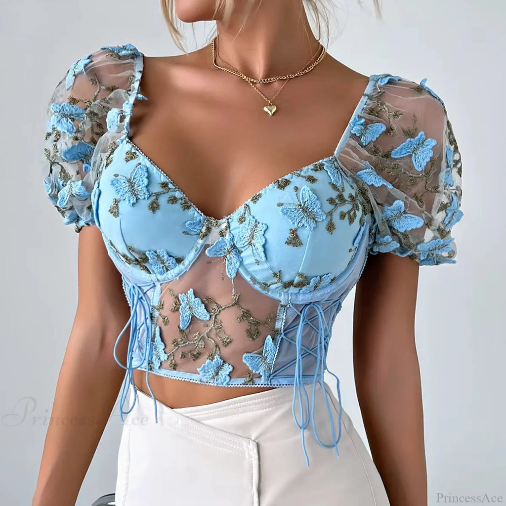 Butterfly Embroidered Mesh Puff Sleeve Lace-up Corset Top image 1