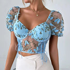 Butterfly Embroidered Mesh Puff Sleeve Lace-up Corset Top image 1