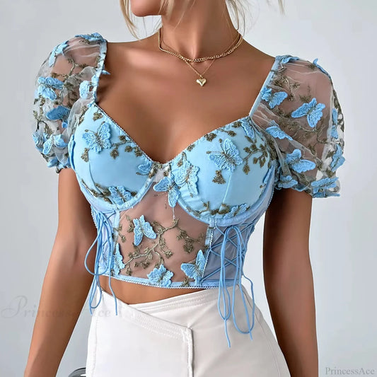 Butterfly Embroidered Mesh Puff Sleeve Lace-up Corset Top image 1