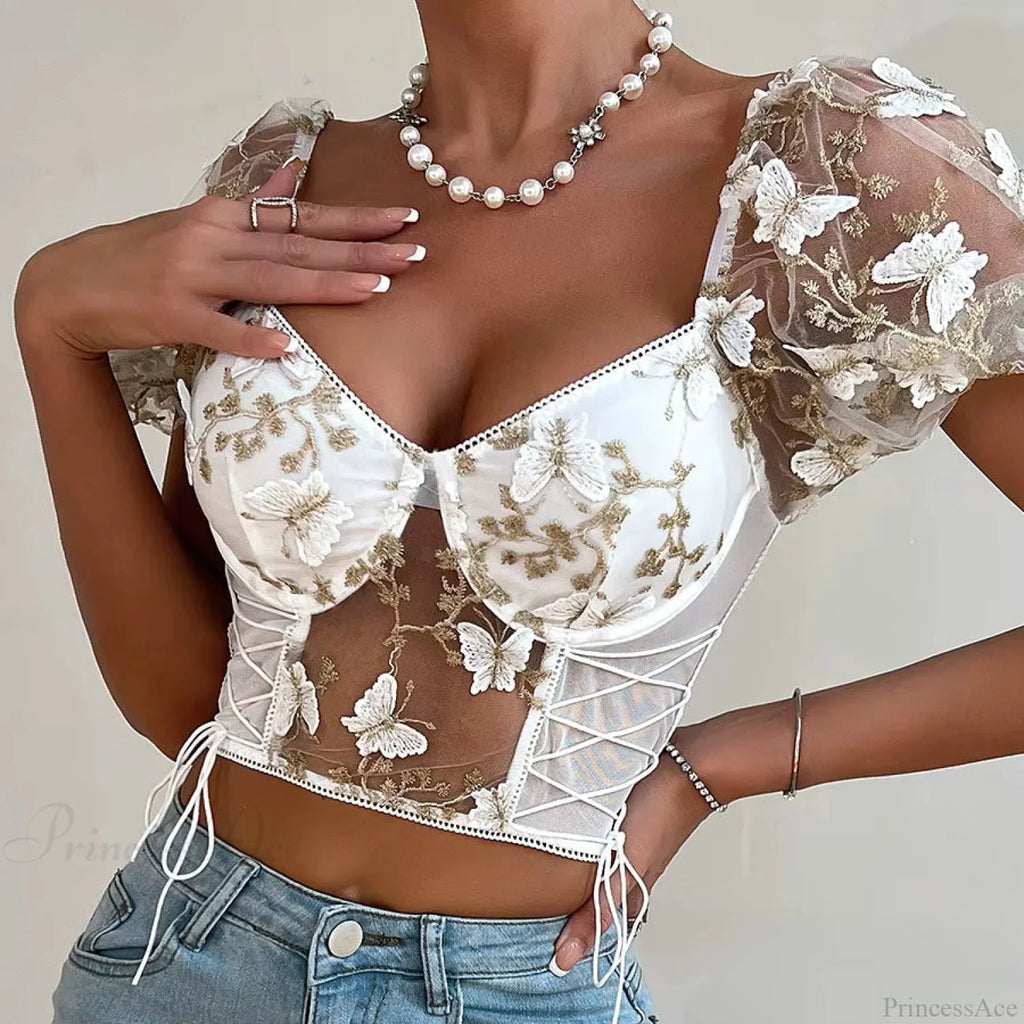 Butterfly Embroidered Mesh Puff Sleeve Lace-up Corset Top image 6