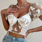 Butterfly Embroidered Mesh Puff Sleeve Lace-up Corset Top image 6