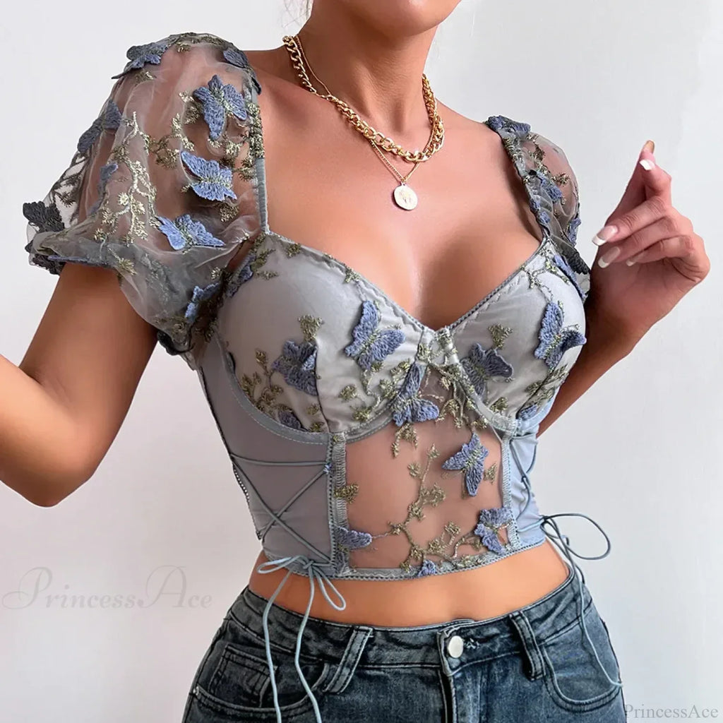 Butterfly Embroidered Mesh Puff Sleeve Lace-up Corset Top image 10