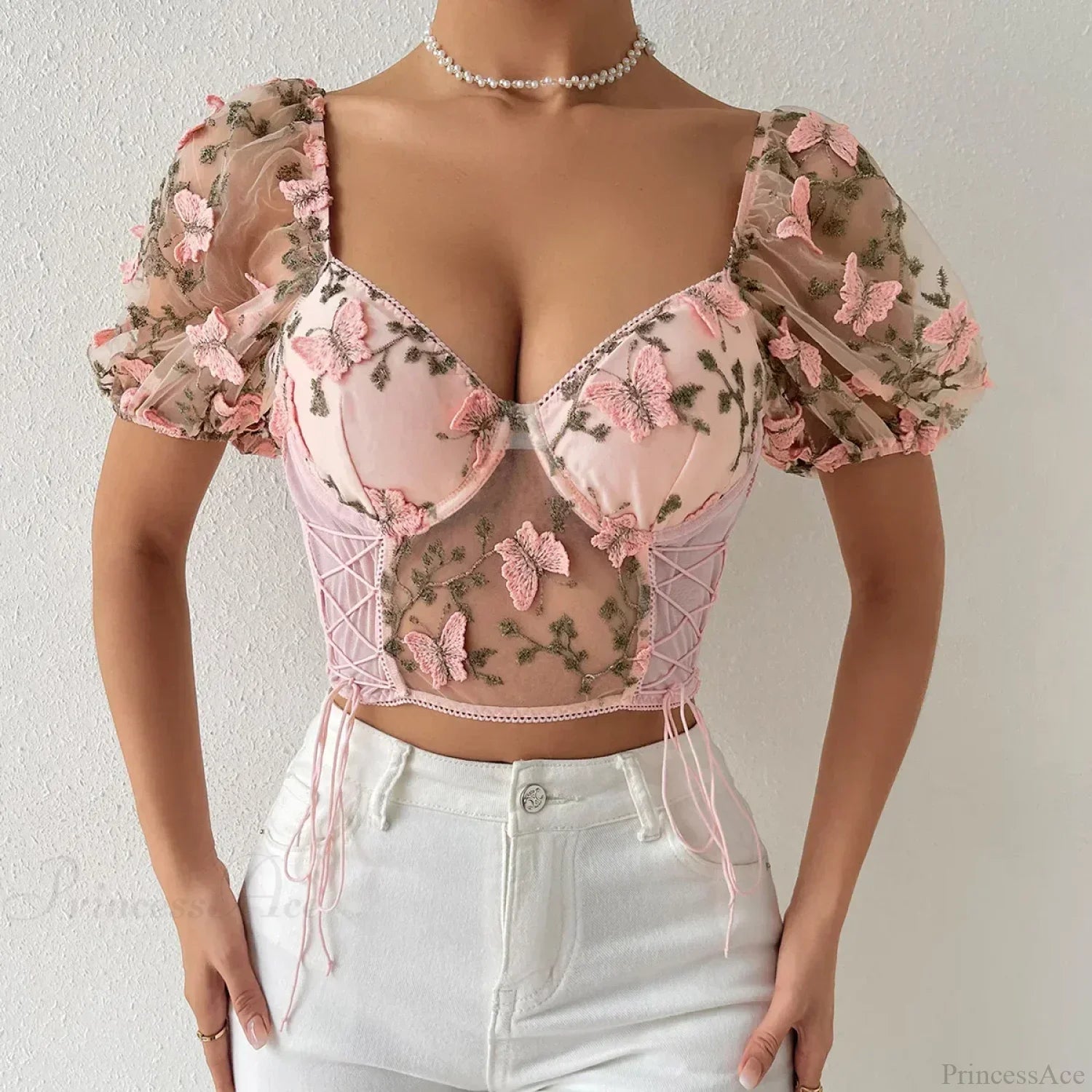 Butterfly Embroidered Mesh Puff Sleeve Lace-up Corset Top image 8