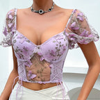 Butterfly Embroidered Mesh Puff Sleeve Lace-up Corset Top image 13