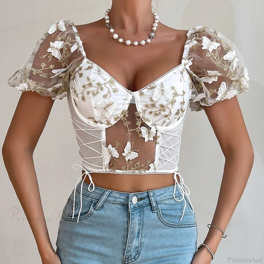 Butterfly Embroidered Mesh Puff Sleeve Lace-up Corset Top image 11