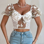 Butterfly Embroidered Mesh Puff Sleeve Lace-up Corset Top image 11