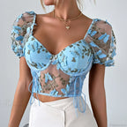 Butterfly Embroidery Mesh Splicing V Neck Slim See-through Crop Top image 8