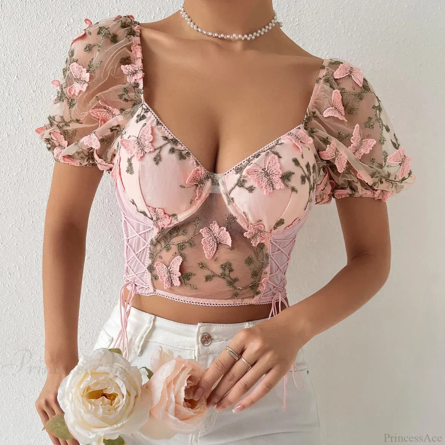 Butterfly Embroidery Mesh Splicing V Neck Slim See-through Crop Top image 6