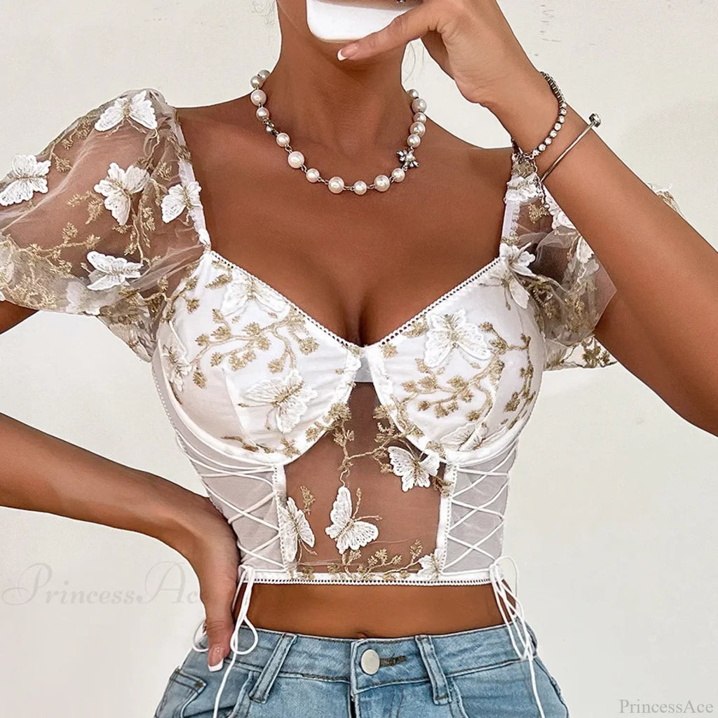 Butterfly Embroidery Mesh Splicing V Neck Slim See-through Crop Top image 10