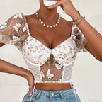 Butterfly Embroidery Mesh Splicing V Neck Slim See-through Crop Top image 10