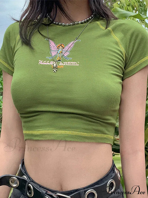 Butterfly Graphic Green Short Sleeve Vintage Tee Crop Top image 1