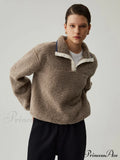 Button Down Collar Trendy Contrast Trim Sherpa Sweater image 1
