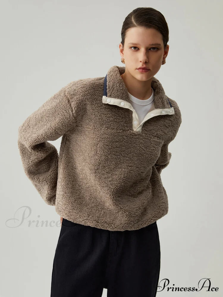 Button Down Collar Trendy Contrast Trim Sherpa Sweater image 1