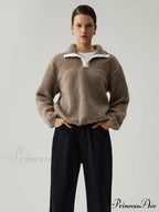 Button Down Collar Trendy Contrast Trim Sherpa Sweater image 2