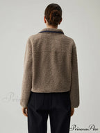 Button Down Collar Trendy Contrast Trim Sherpa Sweater image 6