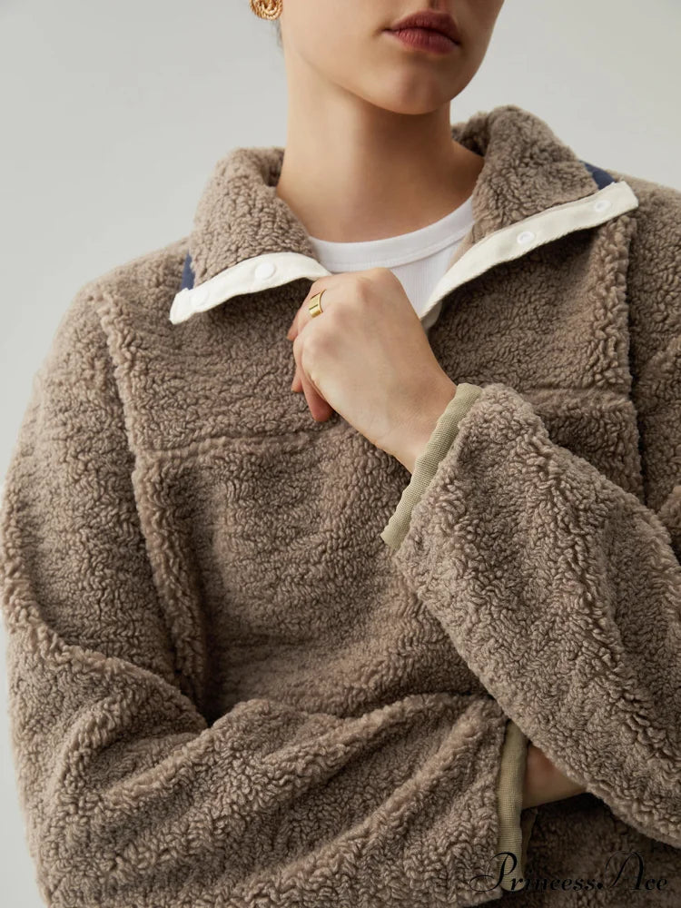 Button Down Collar Trendy Contrast Trim Sherpa Sweater image 4