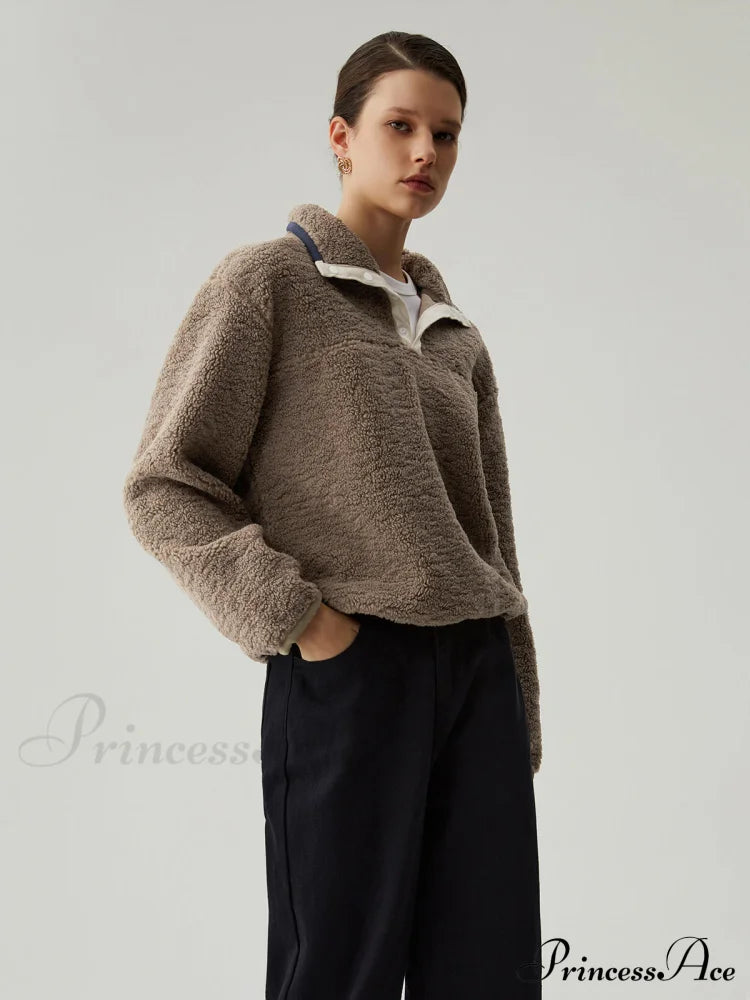 Button Down Collar Trendy Contrast Trim Sherpa Sweater image 3