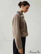 Button Down Collar Trendy Contrast Trim Sherpa Sweater image 5