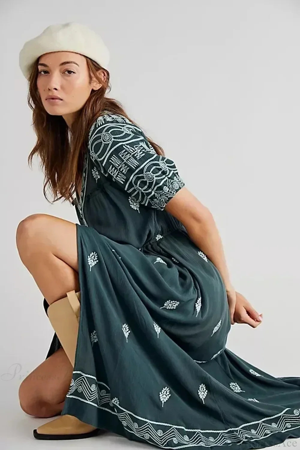 Button Down Embroidery Short Sleeve Chic Boho Dress image 3