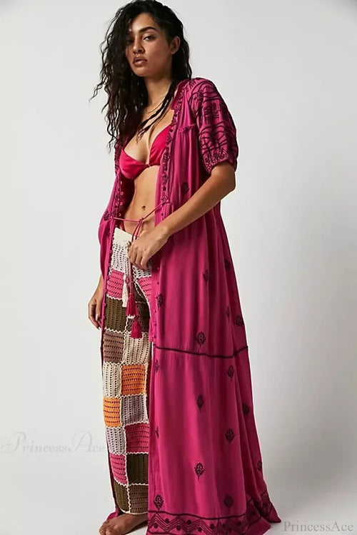 Button Down Embroidery Short Sleeve Chic Boho Dress image 2