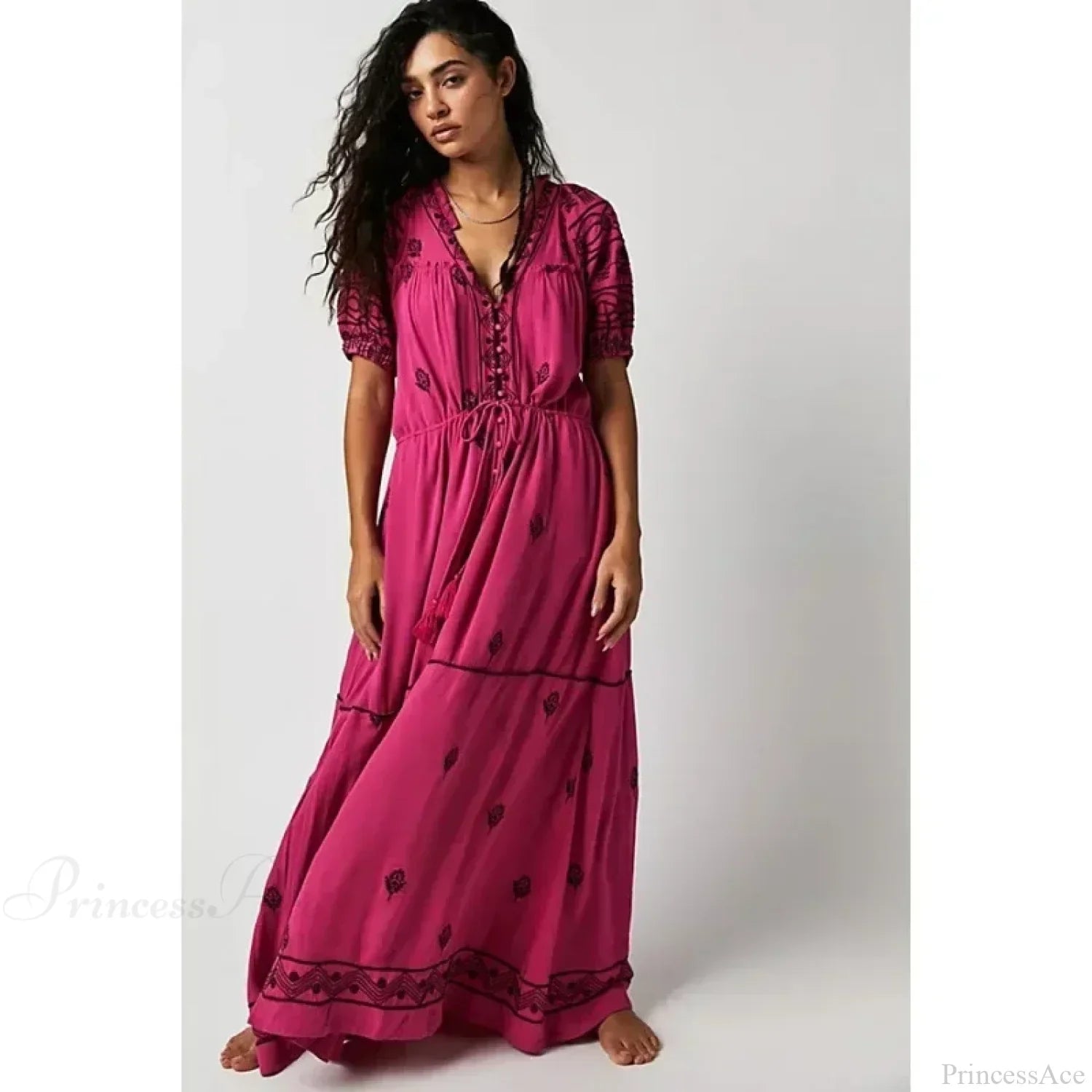 Button Down Embroidery Short Sleeve Chic Boho Dress image 1