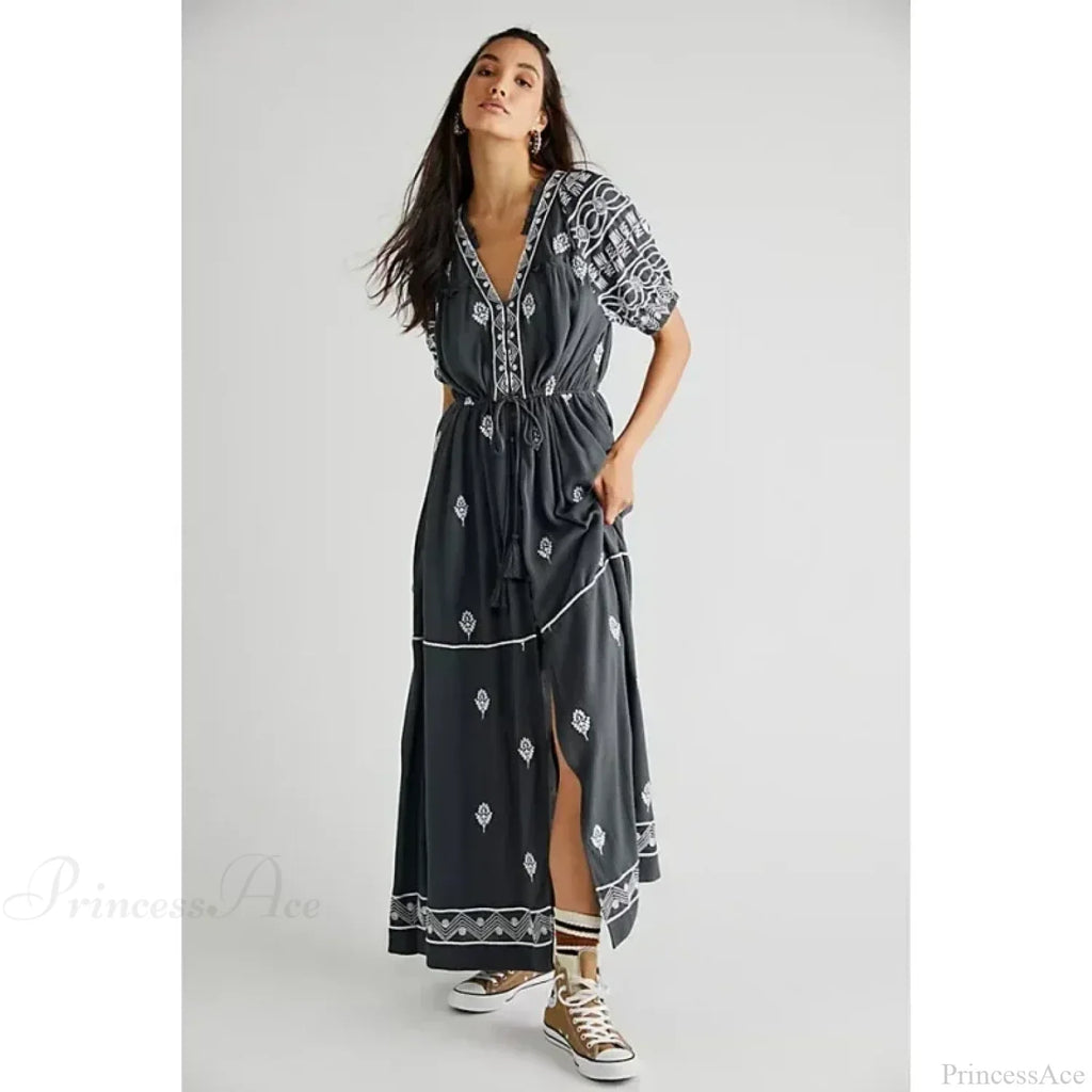 Button Down Embroidery Short Sleeve Chic Boho Dress image 5