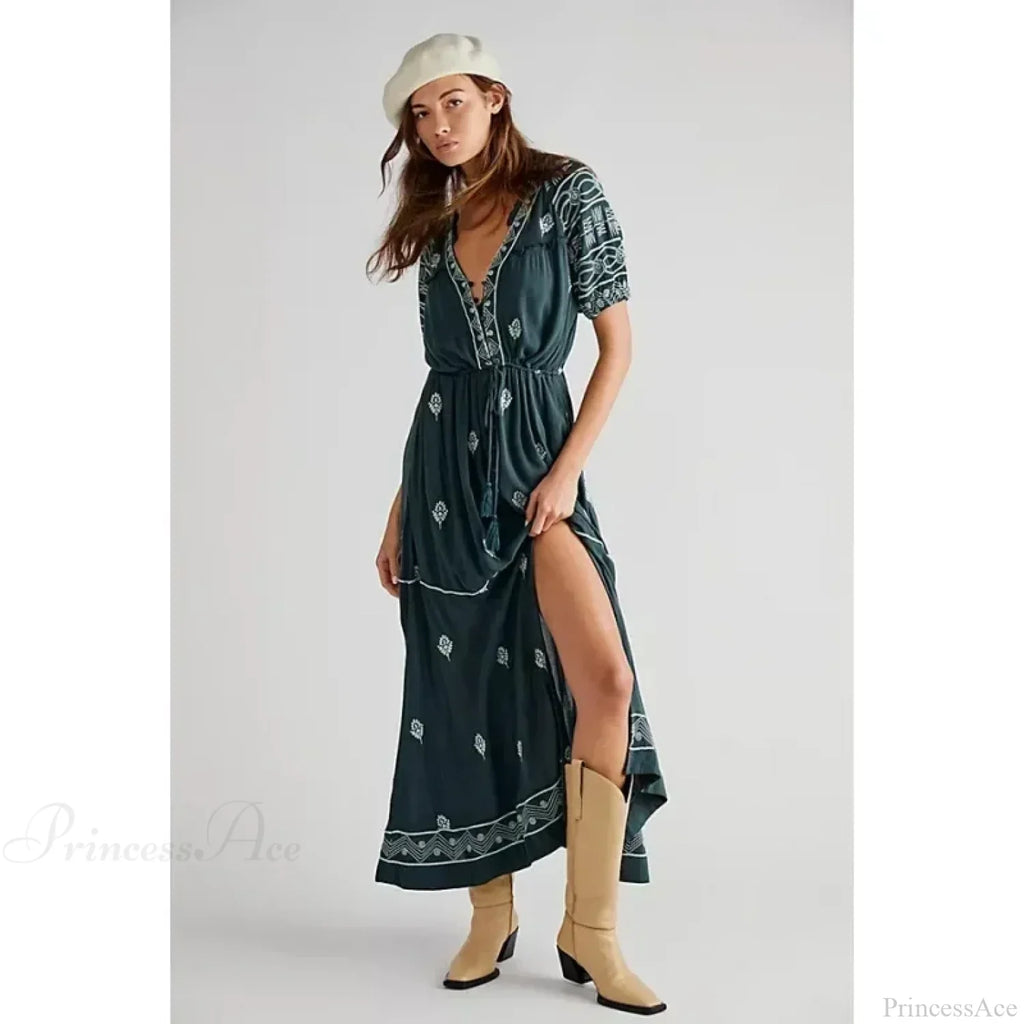 Button Down Embroidery Short Sleeve Chic Boho Dress image 7
