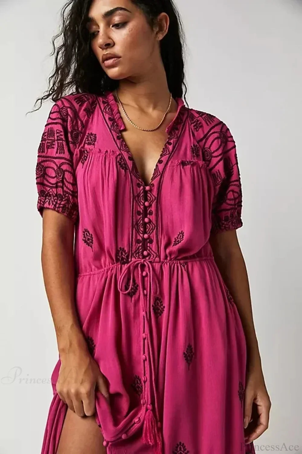 Button Down Embroidery Short Sleeve Chic Boho Dress image 8
