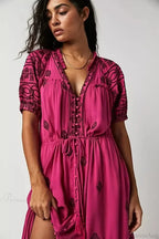 Button Down Embroidery Short Sleeve Chic Boho Dress image 8
