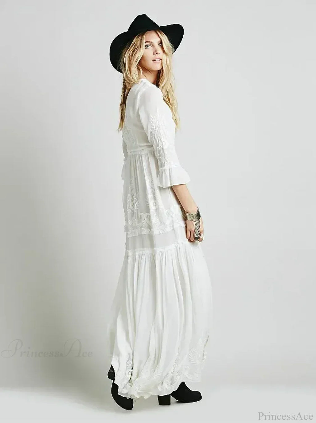 Button Down Hollow Embroidery High Waist Boho Dress image 2