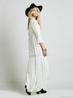 Button Down Hollow Embroidery High Waist Boho Dress image 2